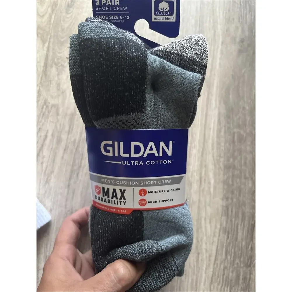 Gildan Men's Stretch 3PK Cotton short Crew arch Socks Shoe Size 6-12 Lot X3 Warm